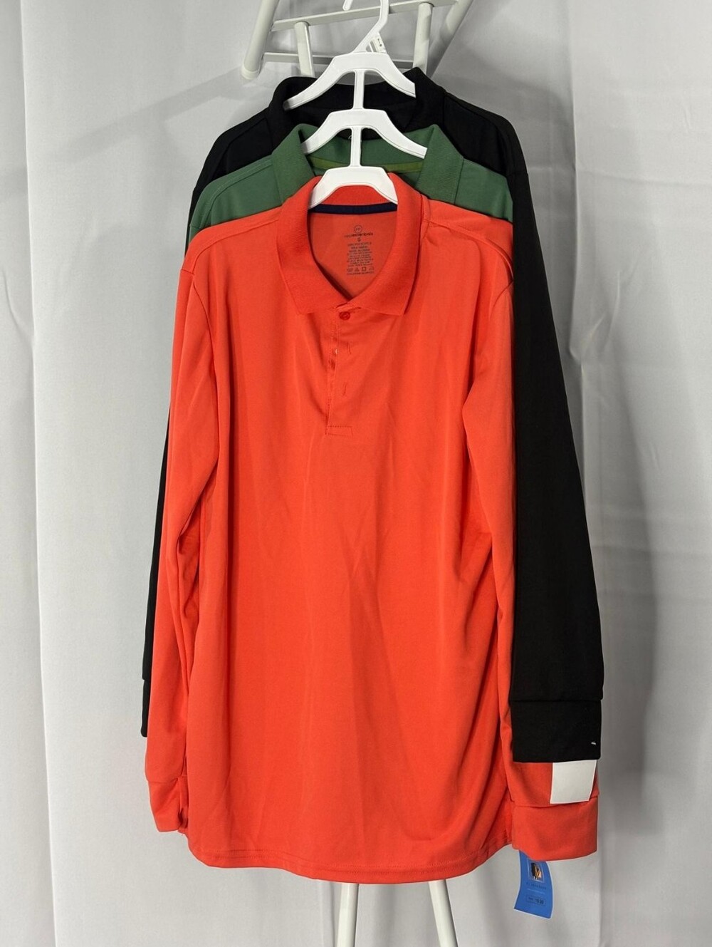 Real Essentials Men’s Small Long Sleeve Polo Shirts 3 Pack Black Green Orange